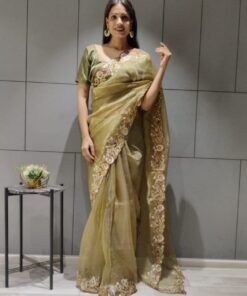 Green Organza Silk Embroidery Work Saree With Blouse