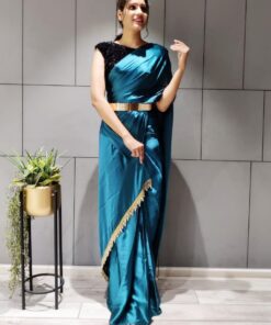 Rama Green Satin Silk Ready To Wear Saree With Blouse