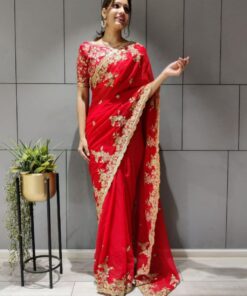 Red Nazneen Silk Embroidery Sequence Work Saree With Blouse