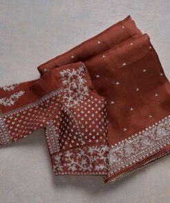 Brown Organza Silk Embroidered & Zari Work Saree With Blouse