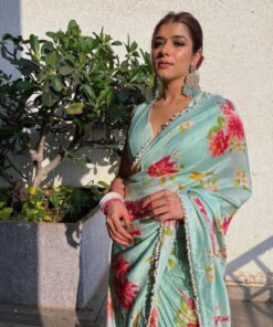 Sea Green Satin Silk Flower Printed Tassel Border Saree With Blouse