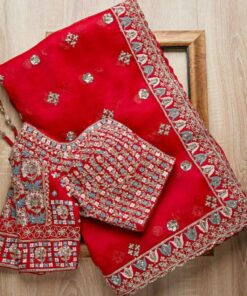 Red Dola Silk Fancy Embroidery Thread Work Saree With Blouse