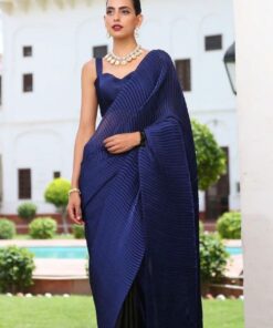 Navy Blue Satin Silk Plating Saree With Blouse