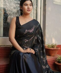 Black Japan Satin Sequence Work Saree With Blouse