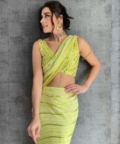 Lime Green Georgette Sequence Work Saree With Blouse