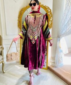 Casual Wine Micro Velvet Embroidery Work Sharara Suit With Dupatta