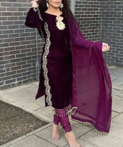 Exclusive Purple Micro Velvet Embroidery Work Pant Suit With Georgette Dupatta