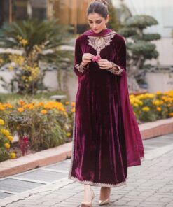 Exclusive Wine Micro Velvet Embroidery Work Pakistani Pant Suit With Dupatta