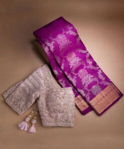 Purple Kanjivaram Silk Saree With Floral Pattern with Blouse