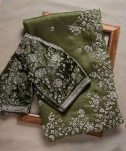 Dark Green Organza Silk Embroidery Work Saree With Blouse