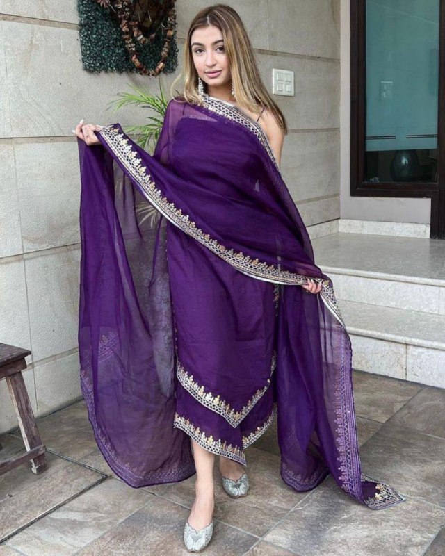 Purple Pure Organza Emroidery Work Pant Suit With Dupatta