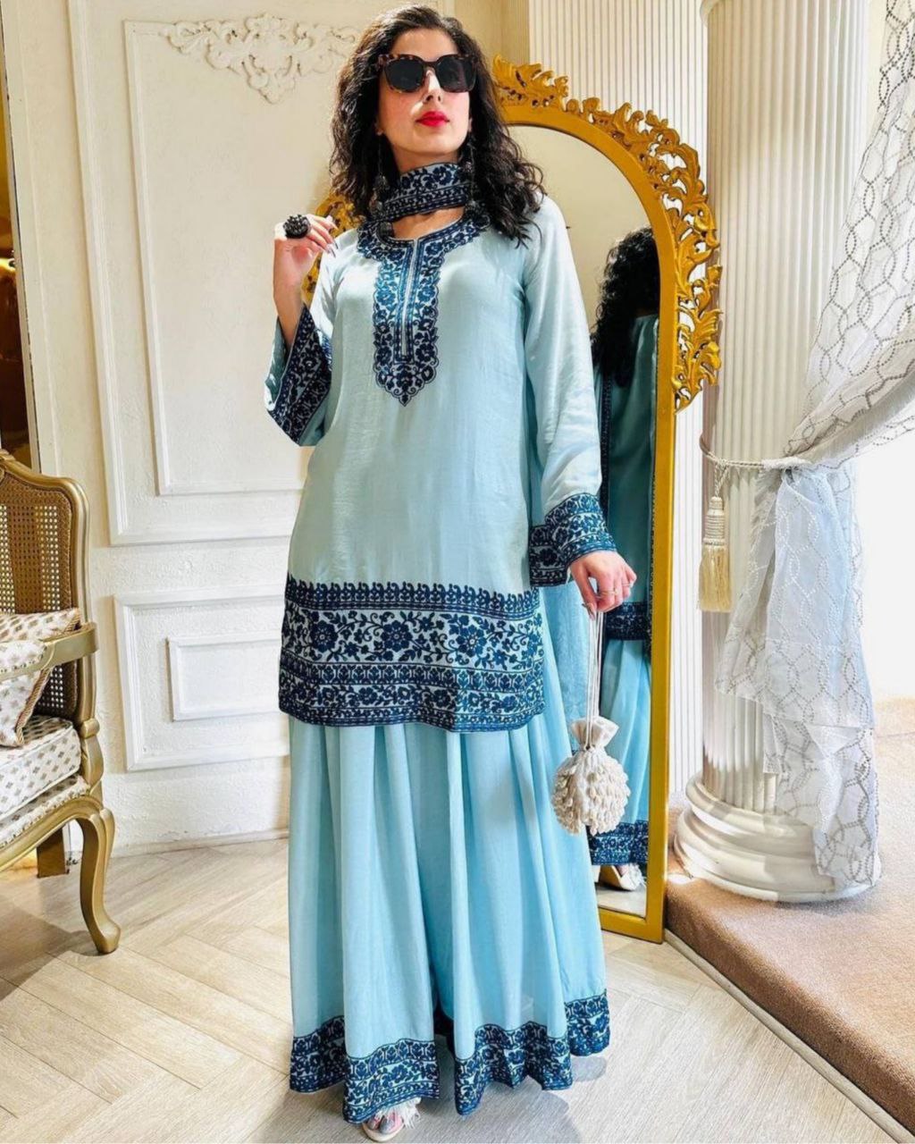 Sky Georgette Neavy Blue Embroidery Work Sharara Suit