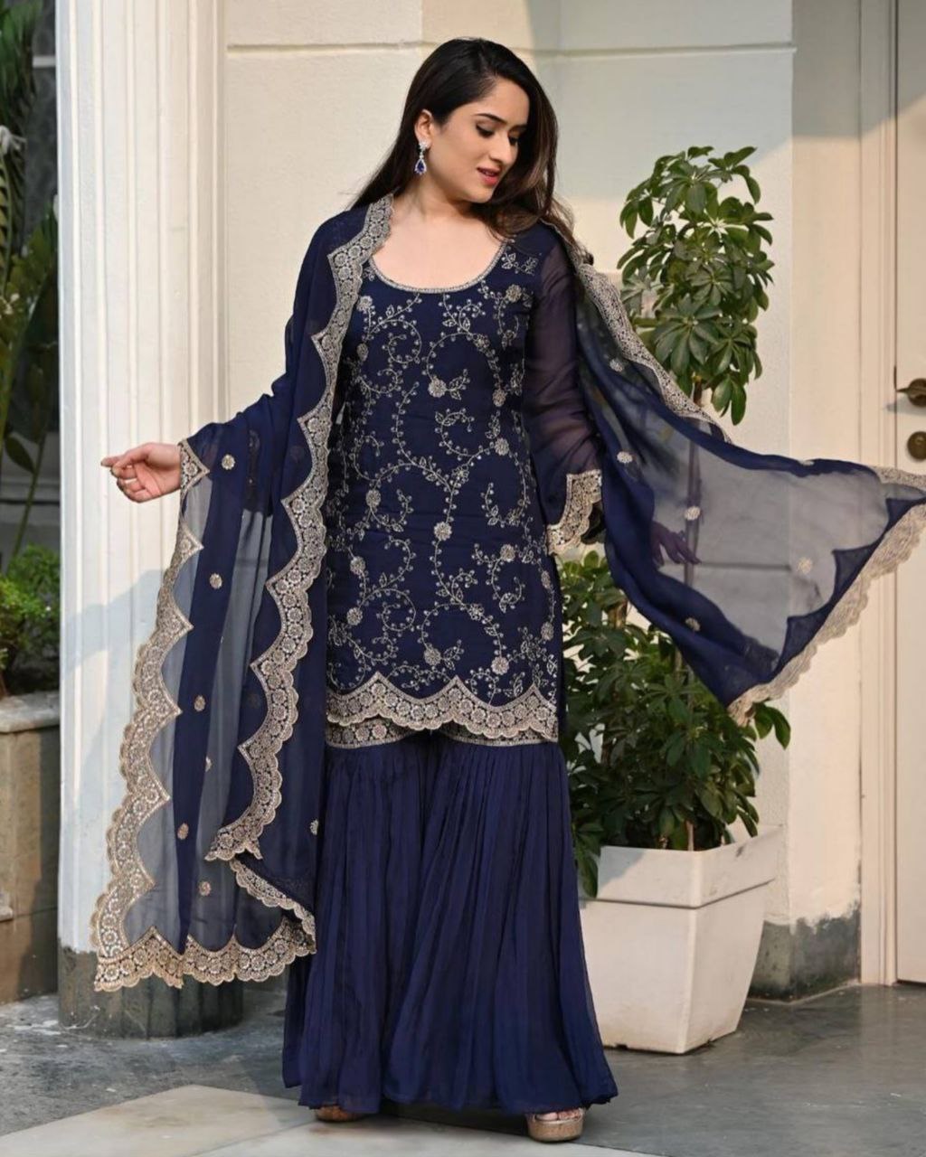 Neavy Blue Georgette Sequence Work Sharara Suit With Dupatta