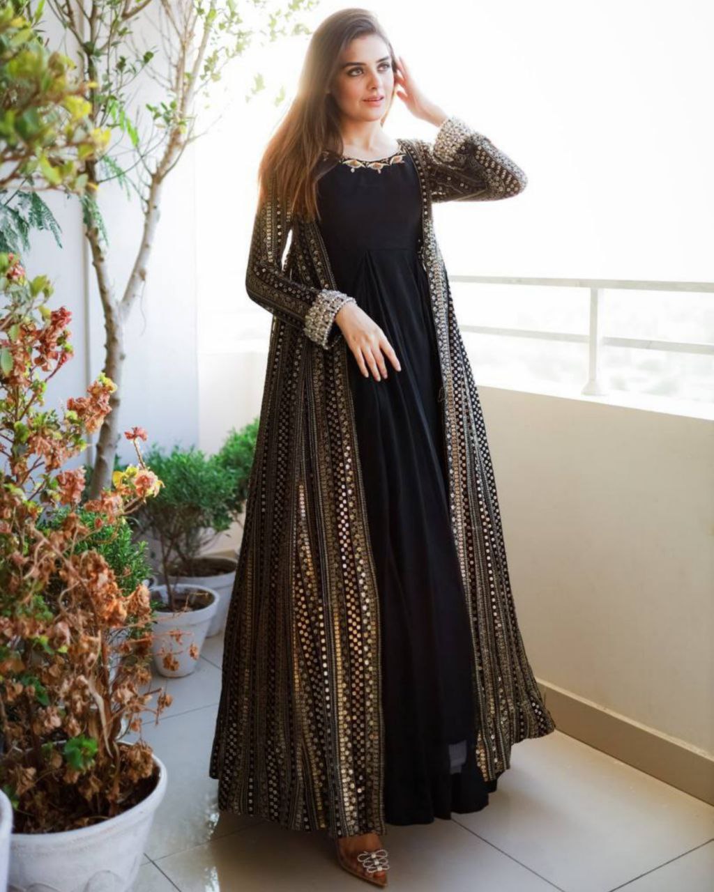 Black-Golden Pure Georgette Sequence Work Gown With Jacket