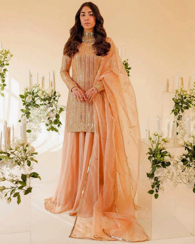 Beautiful light pink coloured party wear embroidairy worked sharara suit  with dupatta