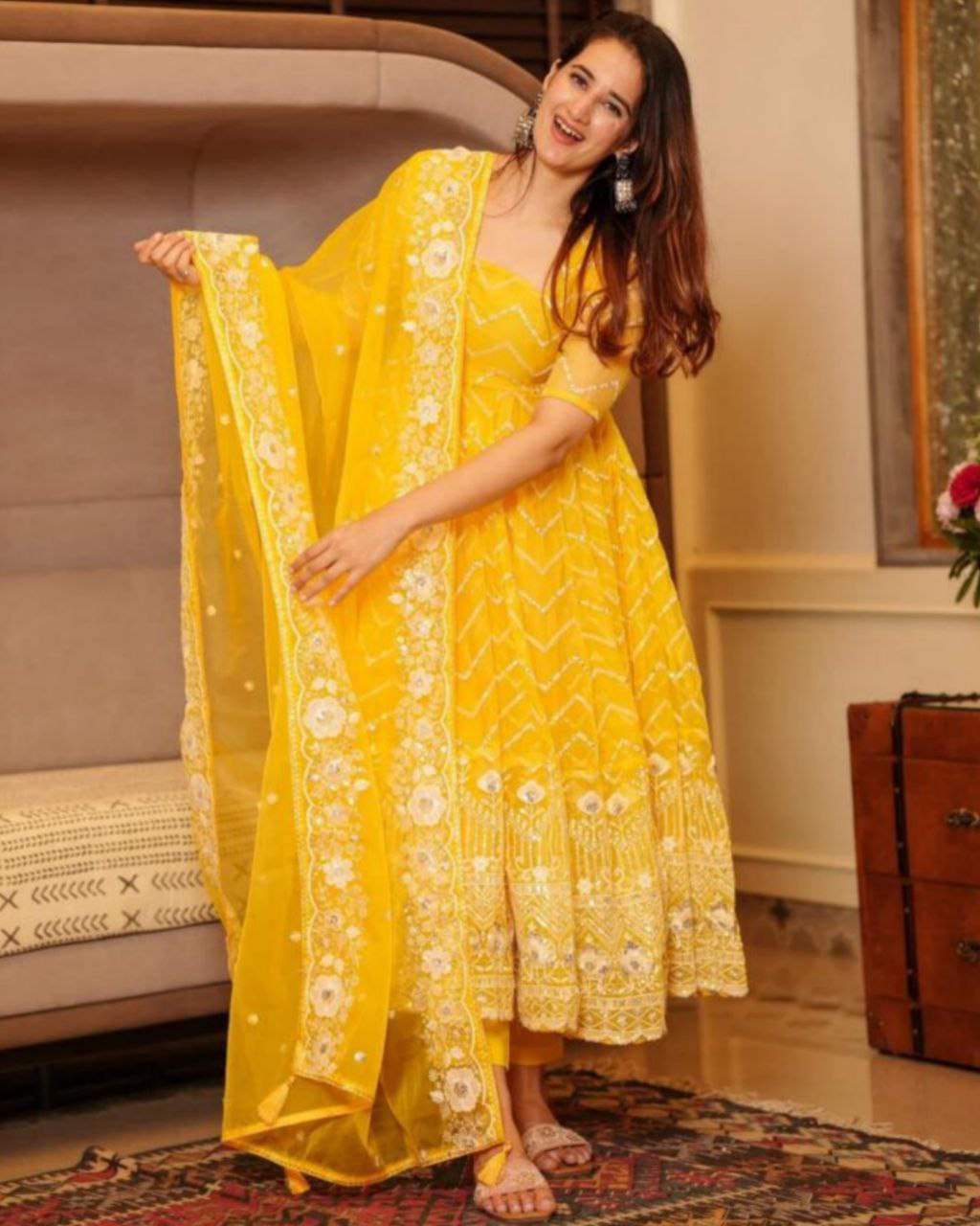 Yellow Organza Dual Sequence Work Anarkali Suit With Dupatta