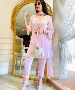 Beautiful Baby Pink Pure Georgette Heavy Lace Work Pant Suit With Dupatta