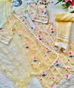 Beautiful Baby Yellow Pure Georgette Fancy Lace Work Pant Suit With Dupatta