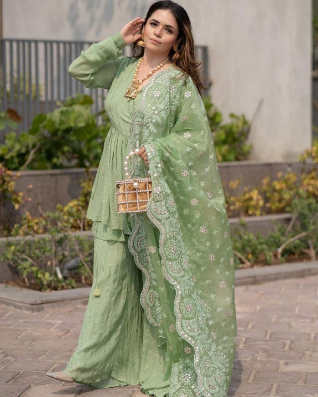 Pista Pure Georgette Sequence Work Sharara Suit With Dupatta