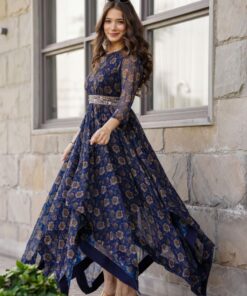 Exclusive Neavy Blue Pure Georgette Digital Print & Lace Work Anarkali Gown