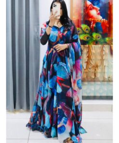 Exclusive Blue Pure Georgette Digital Print Work Gown With Dupatta