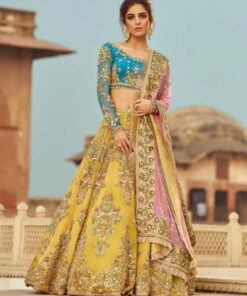 Beautiful Heavy Tapeta Silk Embrdoiery Work Yellow Lehenga And Sky Choli With Pink Dupatta