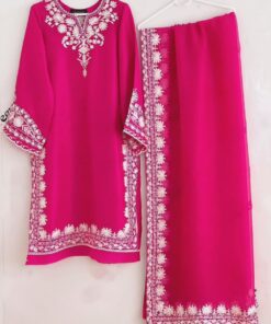 Beautiful Scarlette Pink Heavy Georgette Fancy Embroidery Work Pant Suit With Checks Dupatta