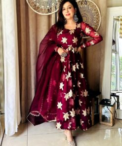 Exclusive Maroon Pure Georgette Embroidery Work Anarkali Suit With Dupatta