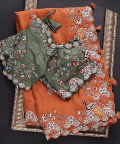 Beautiful Organza Embroidery work Orange Saree with Mehendi Blouse