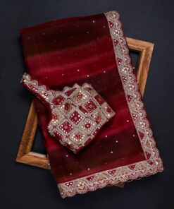 Maroon Organza Silk Digital Print & Mirror Work Saree With Blouse