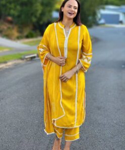 Casual Yellow Malai Silk Lace Work Pant Suit With Dupatta