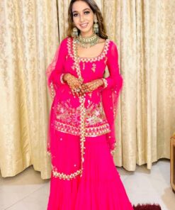 Beautiful Hot Pink Pure Georgette Sequence Work Gharara Suit With Dupatta