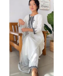 Casual White Rayon Cotton Embroidery Work Pant Suit With Dupatta