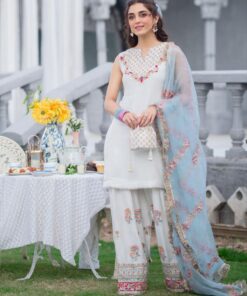 Designer White Faux Georgette Sequence Work Palazo Suit With Dupatta