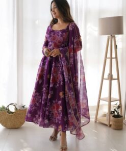 Exclusive Purple Soft Organza Floral Print Work Anarkali Suit With Dupatta