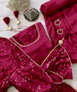 Casual Rani Pink Maska Cotton Mirror Work Palazo Suit With Dupatta