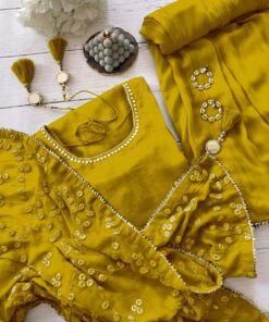 Casual Mustard Yellow Maska Cotton Mirror Work Palazo Suit With Dupatta