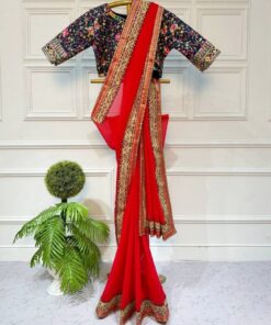 Exclusive Red Blooming Georgette Sequence Work Saree With Blouse