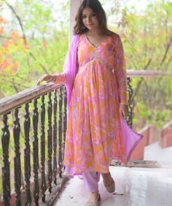 Gorgeous Light Purple Maslin Digital Print Work Gown With Dupatta