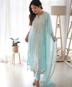 Gorgeous Sky Faux Georgette Embroidery Work Pant Suit With Dupatta