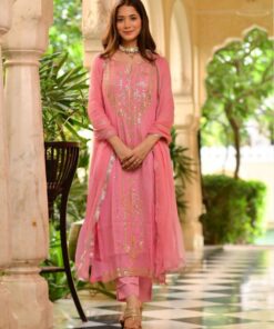 Gorgeous Peach Faux Georgette Embroidery Work Pant Suit With Dupatta