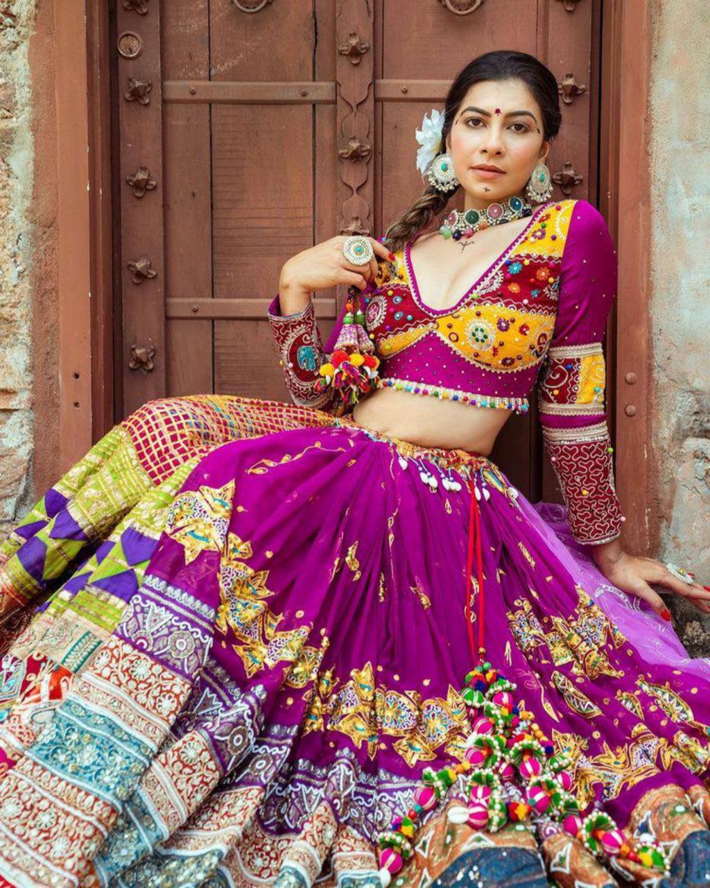 Lavender and Purple double shade Georgette Sequin Chikankari work Lehenga ,  purple Of Shoulder Crop Top and double shade dupatta - Project Ekam