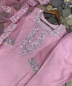 Casual Light Pink Organza Silk Mirror Work Pant Suit With Dupatta
