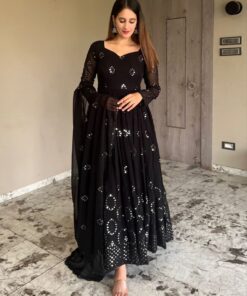Gorgeous Black Faux Georgette Sequence Work Anarkali Suit With Dupatta
