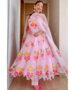 Exclusive Baby Pink Tabby Organza Floral Printed Anarkali Suit With Dupatta