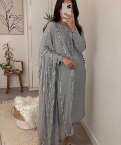 Casual Grey Faux Georgette Embroidery Work Pant Suit With Dupatta