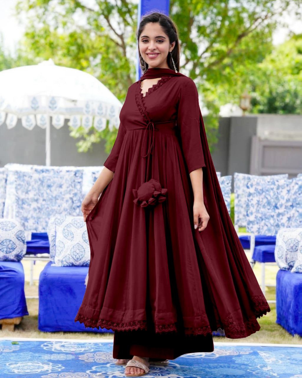 Maroon Anarkali Gown With Flower Printed Dupatta