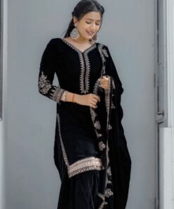 Exclusive Black Viscose Velvet Fancy Embroidery Work Pant Suit With Dupatta