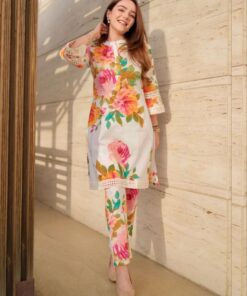 Casual Cream Crape Silk Floral Print Pant With Suit
