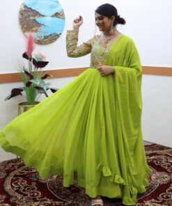 Exclusive Green Faux Georgette Embroidery Work Anarkali Gown With Dupatta